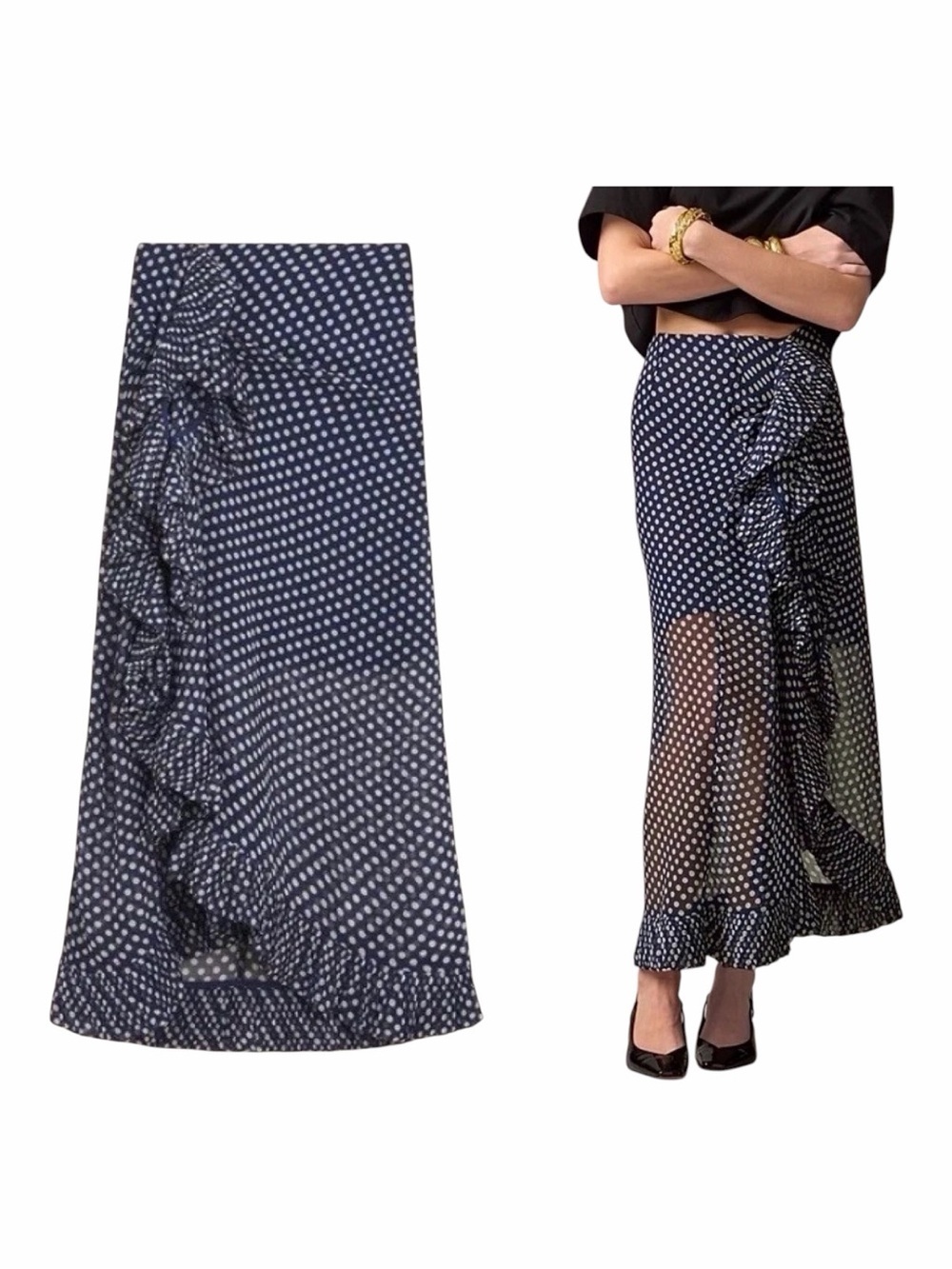 NWT! J. Crew Navy Ruffled Chiffon Polka Dot Semi-Sheer Maxi Skirt. Size 12.